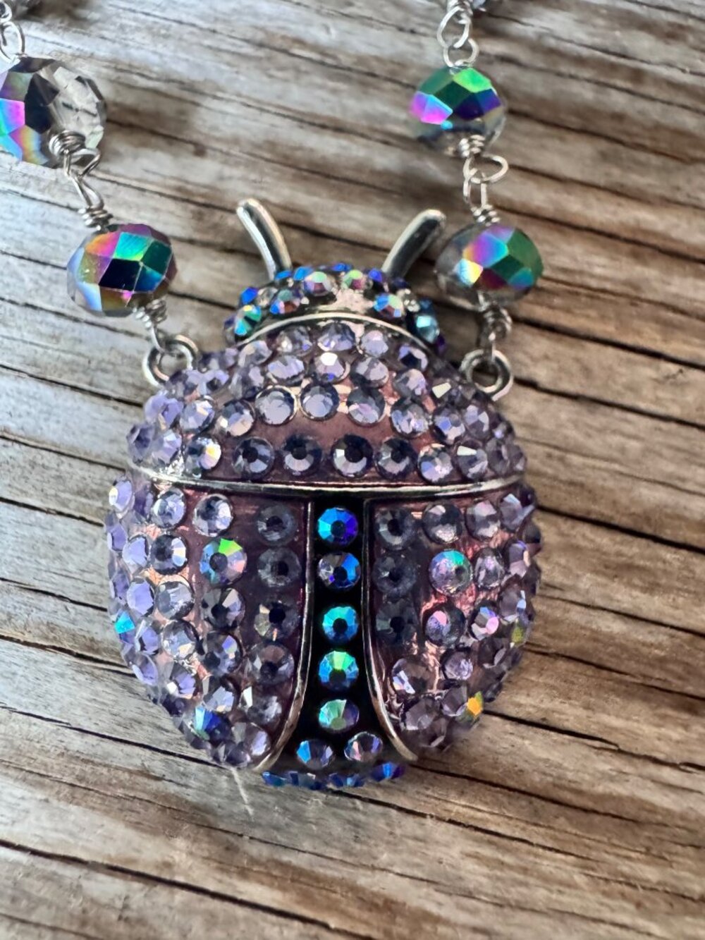Kirks Folly purple ladybug locket necklace AB crystal beaded chain with Box - Picture 2 of 10